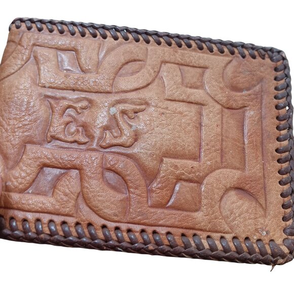 Vtg 70s Leather Wallet Handcrafted Embossed Bonded Laced Edges Monogram E.W. - Picture 5 of 5